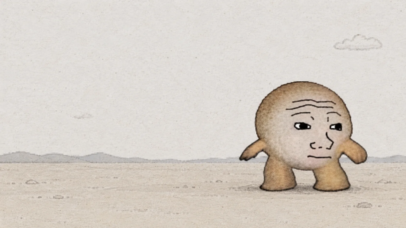 MINI × WOJAK standing alone in an empty pale landscape