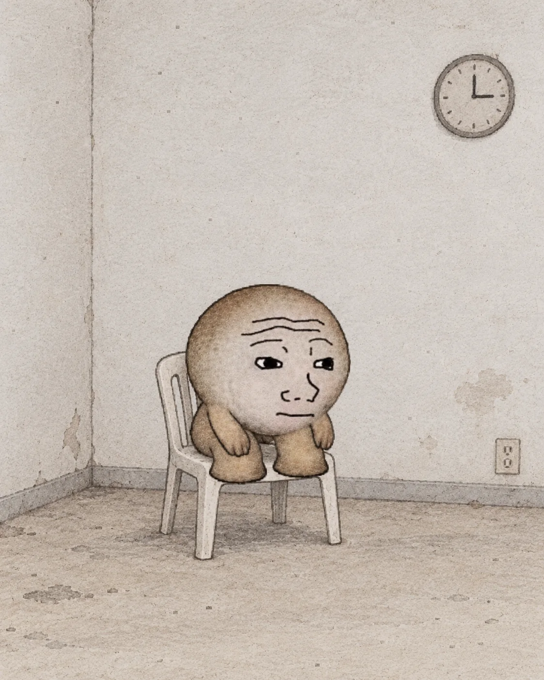 MINI × WOJAK sitting alone on a plastic chair in an empty room