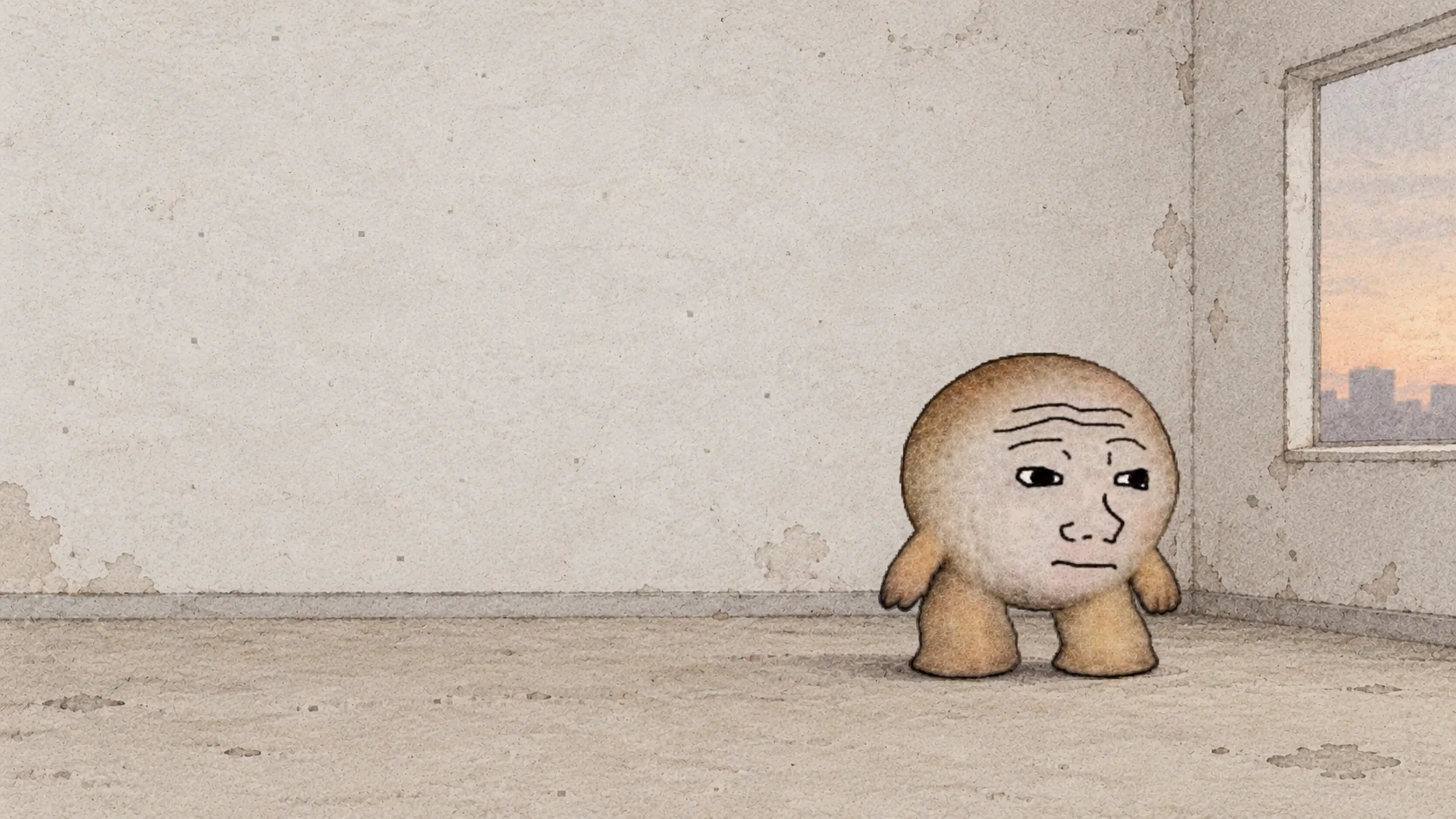 MINI × WOJAK standing alone in an empty worn room at dusk